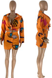 Tangerine Casual Print Patchwork Buttons Turndown Collar Long Sleeve Two Pieces