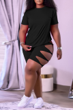Pink Casual Solid Hollowed Out O Neck Short Sleeve Two Pieces