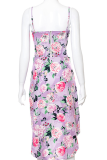 Purple Sexy Print High Opening Spaghetti Strap Sleeveless Two Pieces