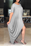 Blue Casual Solid Patchwork O Neck Irregular Dress Dresses