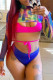 Blue Sexy Print Hollowed Out Strap Design Swimwears Three-piece Set