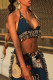 Deep Blue Sexy Print Tassel Patchwork Frenulum Backless Halter Sleeveless Two Pieces