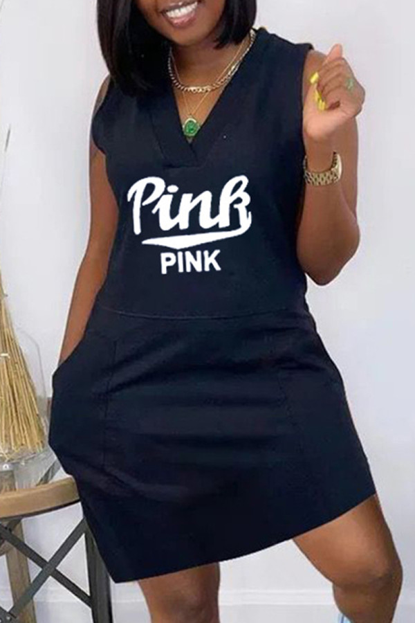 Black Fashion Casual Letter Print Pocket V Neck Sleeveless Dress Dresses