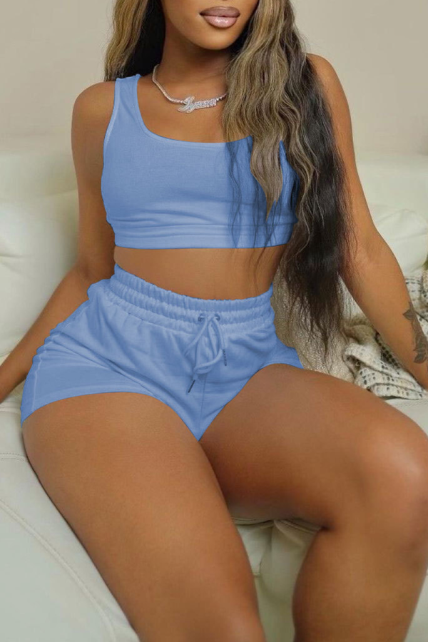 Blue Casual Solid Patchwork U Neck Sleeveless Two Pieces