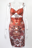 Red Sexy Print Hollowed Out Spaghetti Strap Pencil Skirt Dresses