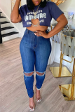 Blue Sexy Print Hollowed Out O Neck T-Shirts