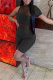Light Blue Fashion Sexy Solid Hollowed Out See-through O Neck Short Sleeve Two Pieces