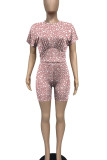 Leopard Print Casual Print Patchwork O Neck Short Sleeve Two Pieces