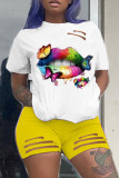 Yellow Fashion Casual Print Ripped O Neck Short Sleeve Two Pieces