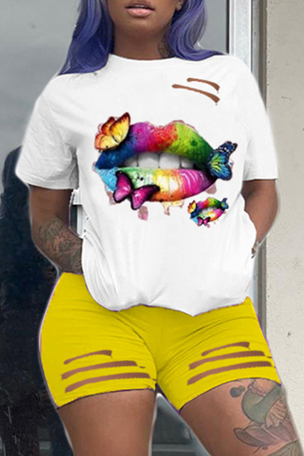 Yellow Fashion Casual Print Ripped O Neck Short Sleeve Two Pieces