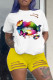 Yellow Fashion Casual Print Ripped O Neck Short Sleeve Two Pieces