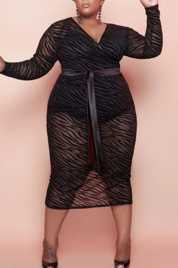 Black Sexy Print Split Joint See-through Slit V Neck Long Sleeve Plus Size Dresses