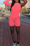 Fluorescent Pink Fashion Casual Solid Basic O Neck Long Sleeve Skinny Romper