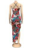 Blue Sexy Print Hollowed Out Backless Spaghetti Strap Sleeveless Dress