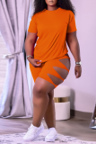 Pink Casual Solid Hollowed Out O Neck Short Sleeve Two Pieces