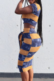 Multi-color Casual Striped Print Bandage Patchwork Short Sleeve Two Pieces