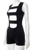 Black Sexy Solid Hollowed Out Square Collar Skinny Rompers