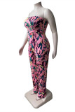 Pink Sexy Casual Print Backless Strapless Plus Size Jumpsuits
