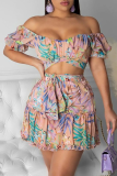 Red Sexy Print Patchwork Off the Shoulder Short Sleeve Two Pieces