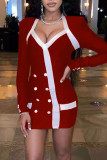 Burgundy Casual Print Patchwork Buttons V Neck Pencil Skirt Dresses