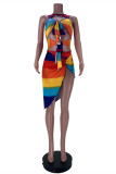 Rainbow Color Fashion Sexy Print Hollowed Out O Neck Sleeveless Two Pieces