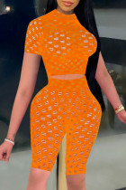 Orange Sexy Pierced Split Joint See-through Half A Turtleneck Short Sleeve Two Pieces