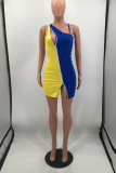 Blue Sexy Color Block Hollowed Out One Shoulder Irregular Dress Dresses