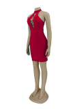 Red Sexy Solid Hollowed Out Half A Turtleneck Pencil Skirt Dresses
