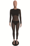 Black Sexy Solid Mesh O Neck Skinny Jumpsuits