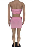 Pink Fashion Sexy Letter Print Bandage Backless Strapless Sleeveless Three-piece Set