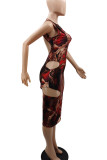 Brown Sexy Print Ripped Patchwork Backless O Neck Pencil Skirt Dresses