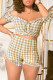 Khaki Fashion Casual Plaid Print Backless Off the Shoulder Short Sleeve Two Pieces