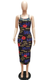 Red Sexy Print Patchwork Spaghetti Strap Pencil Skirt Dresses