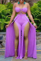 Purple Sexy Solid Split Joint Strapless Sleeveless Two Pieces