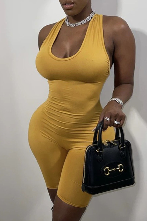 Earth Yellow Sexy Solid Patchwork U Neck Skinny Rompers