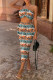 Multicolor Fashion Sexy Print Backless Slit Spaghetti Strap Sleeveless Two Pieces