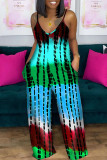 Red Casual Print Patchwork Pocket V Neck Loose Jumpsuits