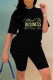 Black Casual Print Patchwork O Neck Half Sleeve Two Pieces