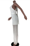 White Fashion Sexy Solid Patchwork Backless Halter Regular Jumpsuits