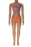 Blue Sexy Print Hollowed Out Draw String Swimwears