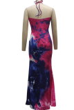 Rose Red Sexy Patchwork Hollowed Out Tie-dye Halter Cake Skirt Dresses