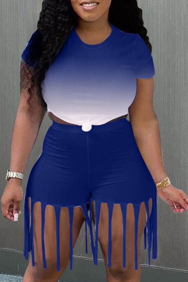 Blue Casual Gradual Change Patchwork O Neck Short Sleeve Two Pieces