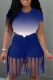 Blue Casual Gradual Change Patchwork O Neck Short Sleeve Two Pieces