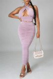 Purple Sexy Solid Hollowed Out Backless Fold Halter Sleeveless Two Pieces