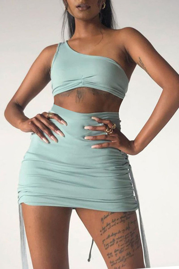 Cyan Casual Print Bandage Patchwork Fold Asymmetrical Oblique Collar Sleeveless Two Pieces