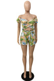 Green Fashion Casual Print Backless Off the Shoulder Short Sleeve Two Pieces