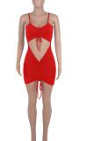 Red Sexy Solid Split Joint Draw String Fold Spaghetti Strap Pencil Skirt Dresses