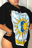 Blue Fashion Casual Print Hollowed Out O Neck T-Shirts