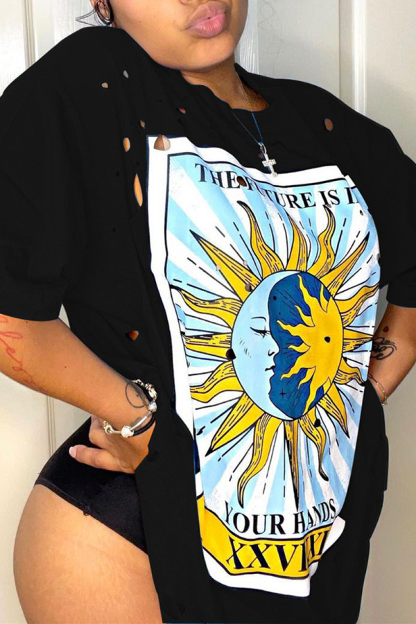 Black Fashion Casual Print Hollowed Out O Neck T-Shirts