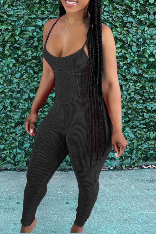 Black Sexy Solid Patchwork Spaghetti Strap Skinny Jumpsuits